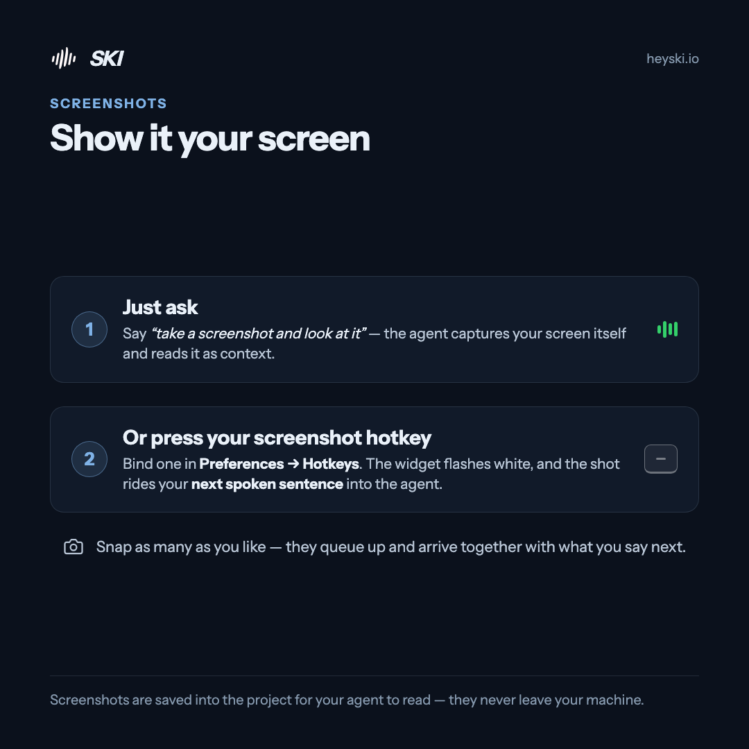 Infographic: show SKI your screen — ask the agent to take a screenshot, or press your own screenshot hotkey